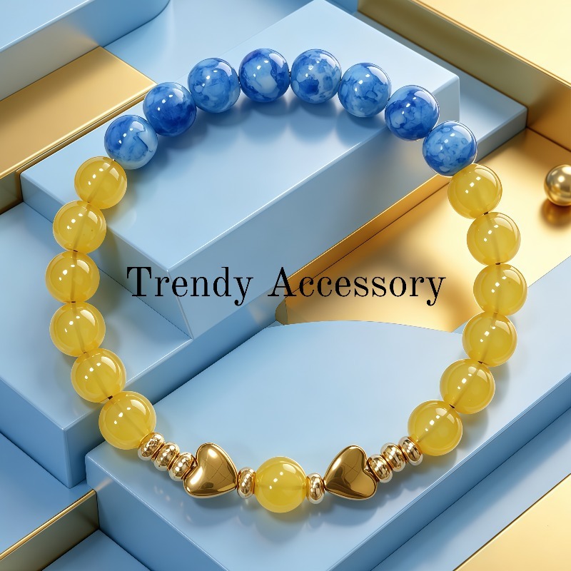 TEMU Men' Light Yellow Transparent & Blue Bead Bracelet - Minimalist Round Beads Suitable For Casual Attire, Casual Marbling, Non-metal Accessory For