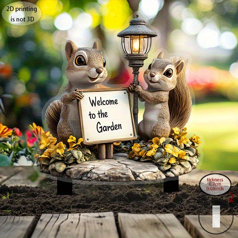 E-shop 2D Flat Art Retro Eichhörnchen Garten, Willkommen im Garten, Langlebig, für den Außenbereich, Hochzeiten, Tier-Thema, mit Pflanzgefäß, Rasen,