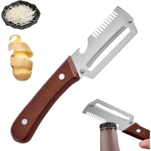 vegetable peeler with wooden handle and bottle opener stainless steel julienne peeler multi functional kitchen gadgets for fruit orange potato carrot pumpkin papaya 1