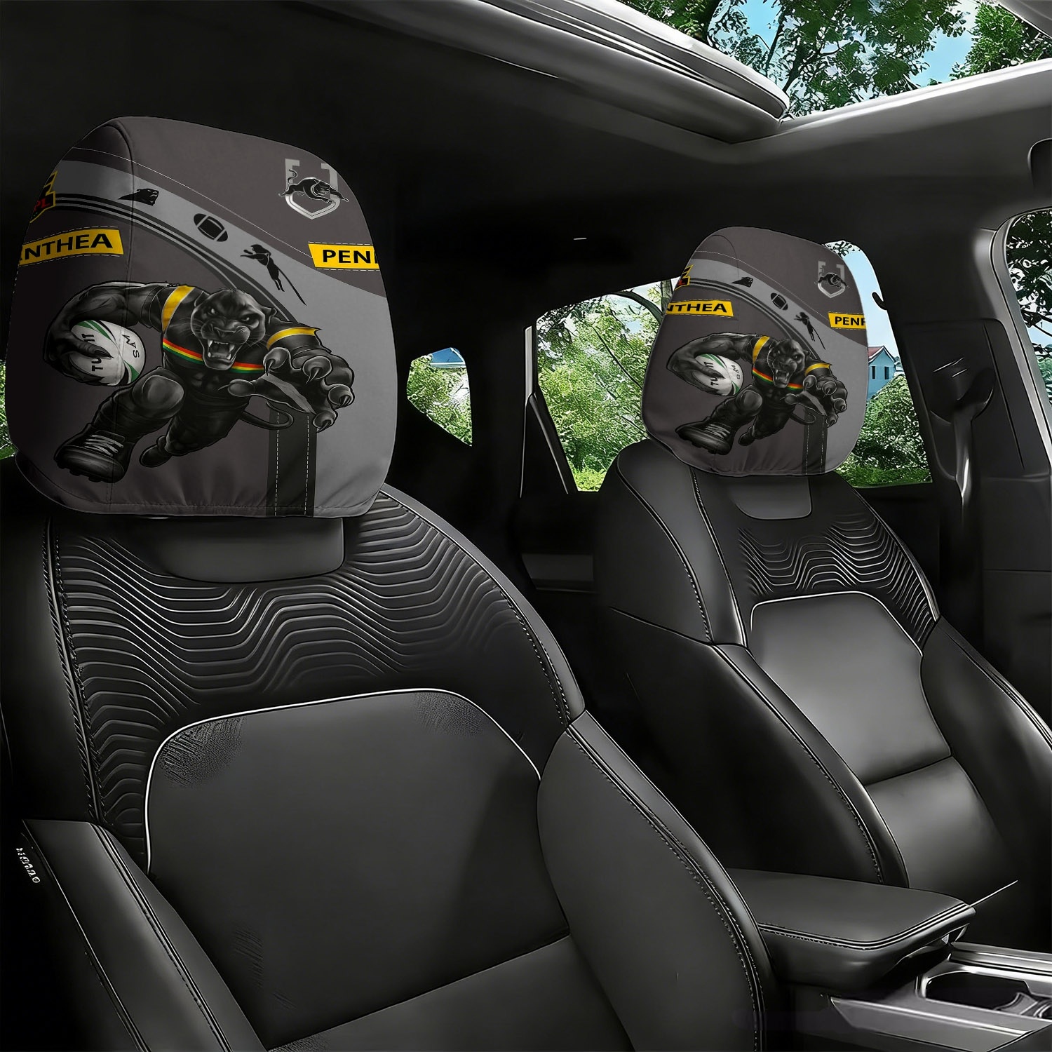 TEMU 2pcs Panther Football Player Style Car Headrest Covers | Team Logo And Dynamic , Universal Fit, Easy To Clean, Soft And Comfortable, Breathable
