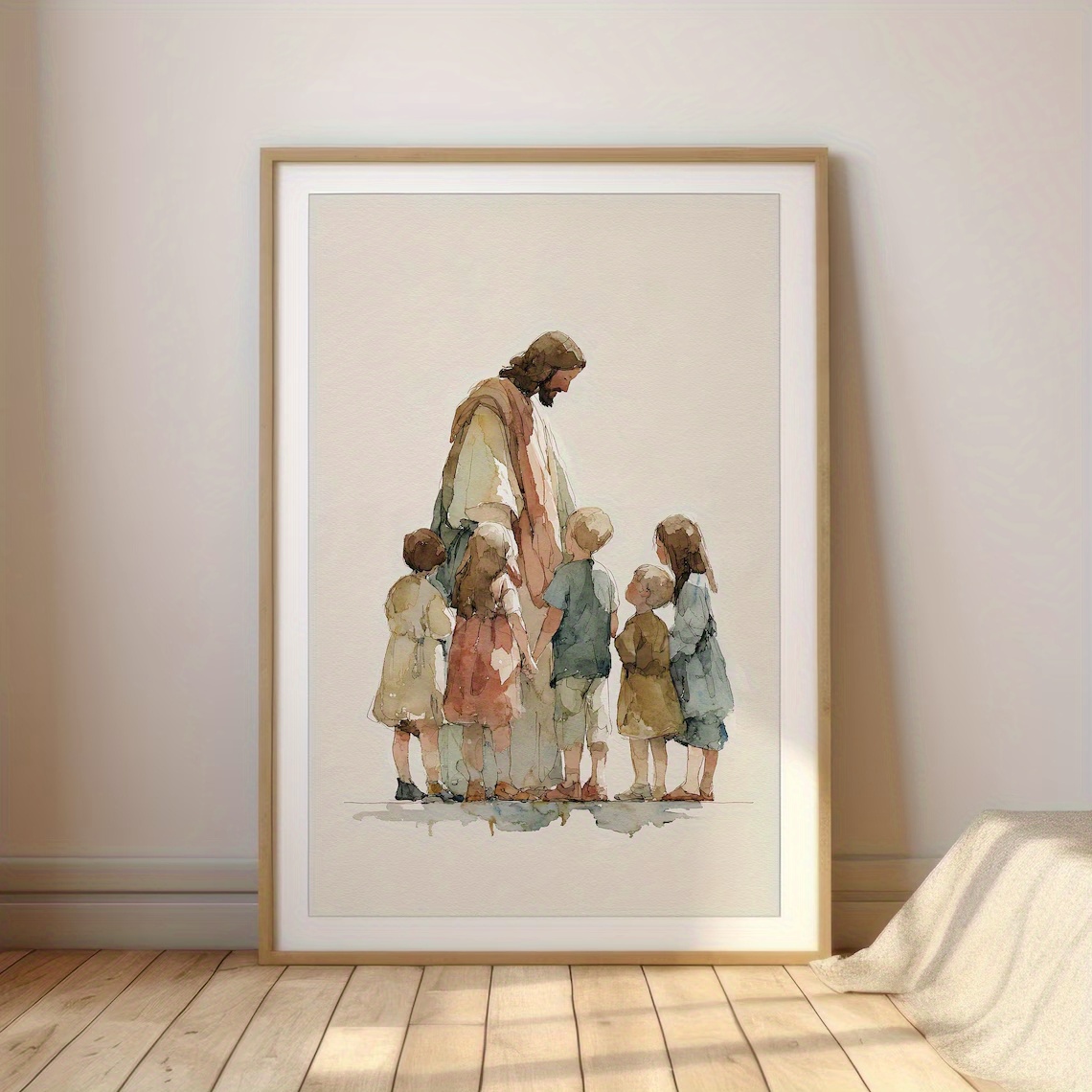 TEMU 2d Flat, 2d Flat, 1pc Wall Decor Featuring Religious Posters, A Print Of With Children, Ideal For A Christian Nursery. This Watercolor Artwork A