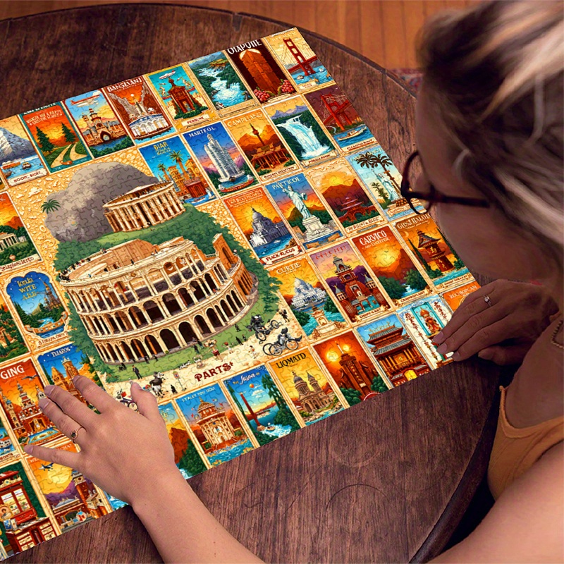 500/1000pcs Vintage World Landmarks Map Jigsaw Puzzle, Interactive Game