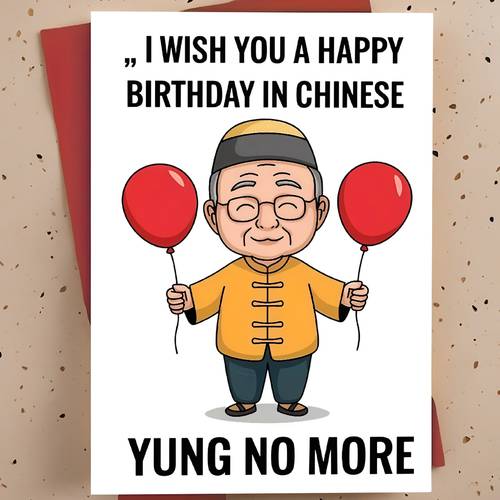 a humorous birthday card for elderly china complete with an envelope featuring cartoon red balloons and a message that not young celebrating birthdays and similar occasions