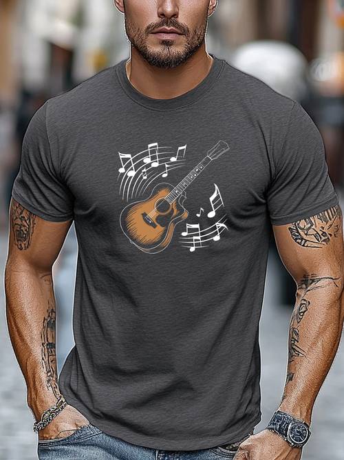 heren t-shirt in grote maten, makkelijk en modieus, minimalistische , heren gitaar en muzieknoten zomer casual ronde hals korte mouw t-shirt