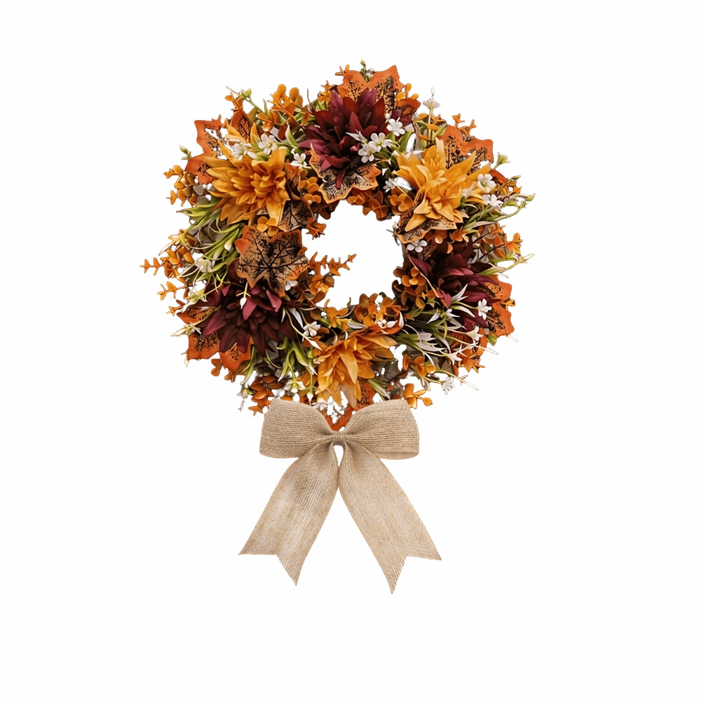 TEMU 1pc Handmade Autumn Wreath With 1pc Hemp Bow - Dahlia And Maple Leaf Fall Door Decor, Farmhouse Wreath For Thanksgiving, Halloween, Christmas,