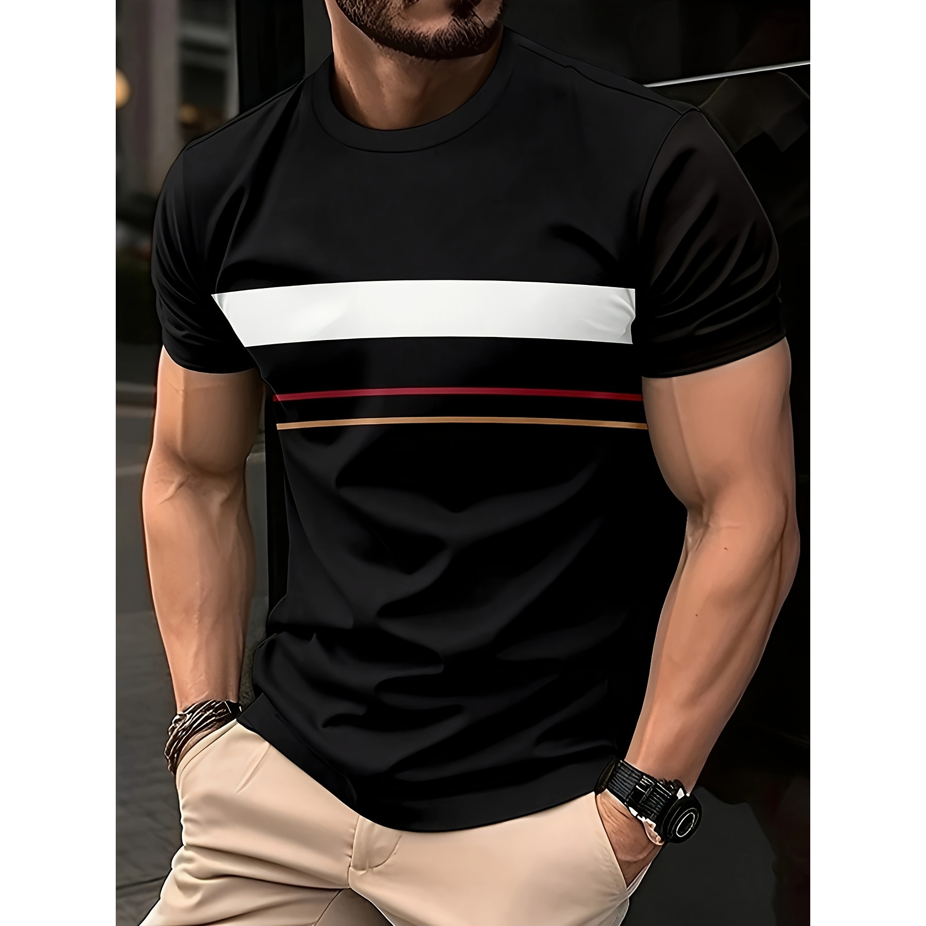 

Men's Striped T-shirt, Short Sleeve Crew Neck Tee, Summer Outdoor Men's Clothing