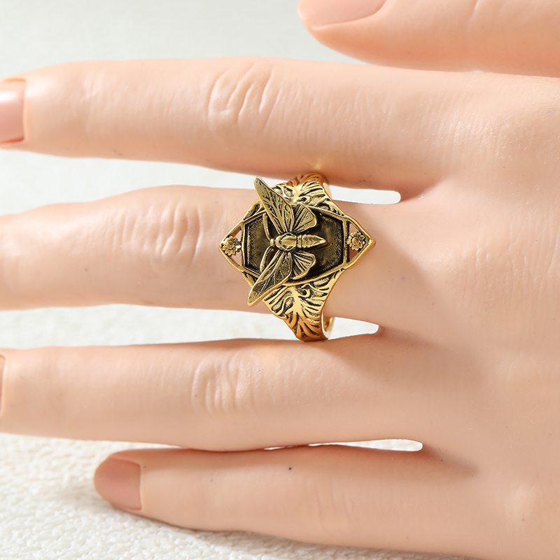 Ethnic Hand Carved Bee Women's Ring in Golden Color