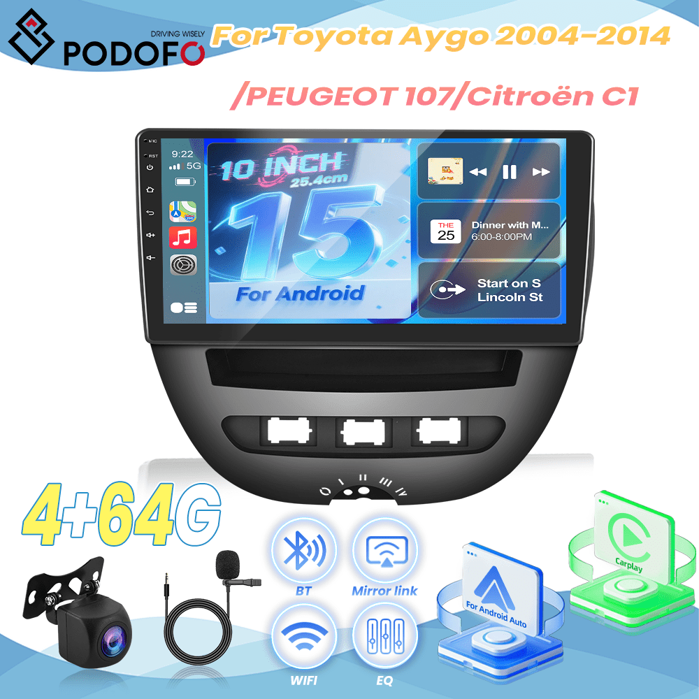 TEMU For Aygo 2004-2014/for / C1 15 4g 64g Car Radio, Featuring Integrated Canbus And , 10-inch Touch Display, And Built-in Fm/rds, Wireless 5.0 And