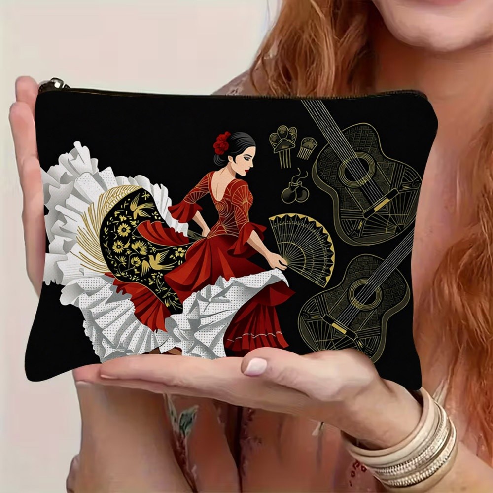 TEMU 1 stuk 2D plat bedrukte make-uptas met flamencodanseres, met levendig traditioneel Spaans cultureel (danseres in rode jurk, met gouden accenten,