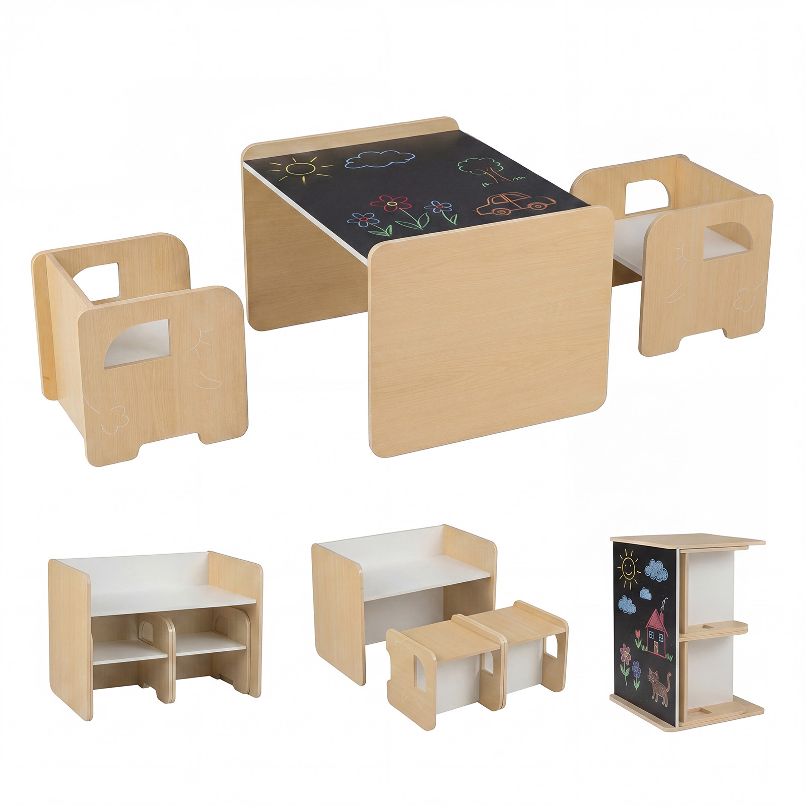 Image of 3pcs Kids Table And Chair Set, Space- Table And 2 Chairs With Chalkboard, Lovely Patterns, Smooth Rounded Corners, Wooden Storage Shelves For Home, School, Nature