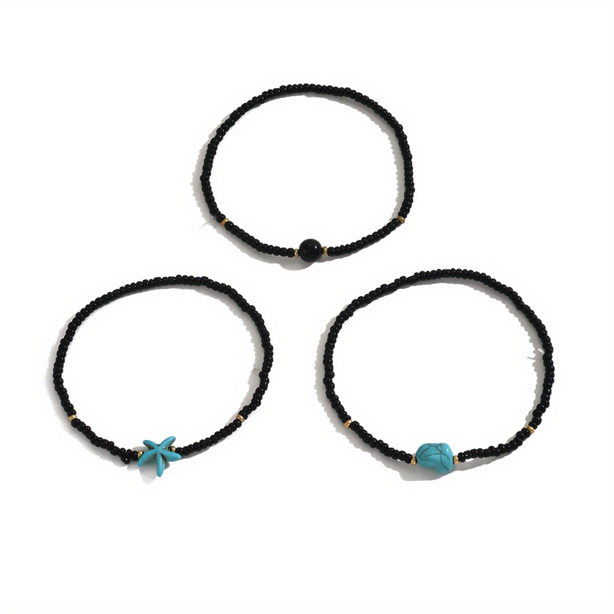 3 Pcs Women's Ankle Bracelets Set with Starfish & Turquoise Beads