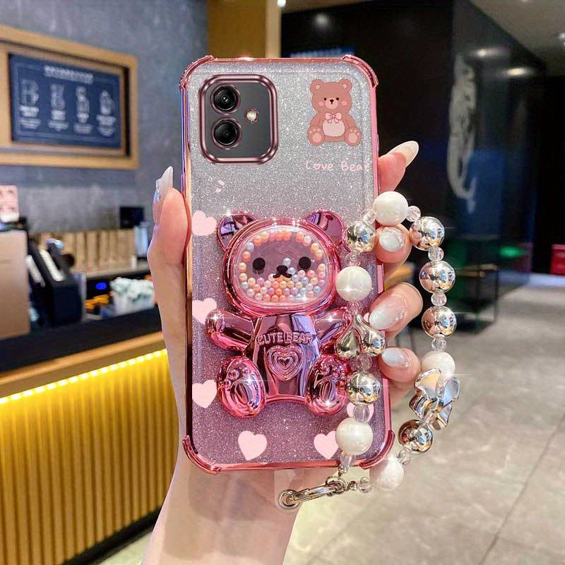 TEMU Étui de téléphone : Dragonne en perles avec lanière magnétique, paillettes luxueuses, cœur et , support de téléphone compatible avec Galaxy A05