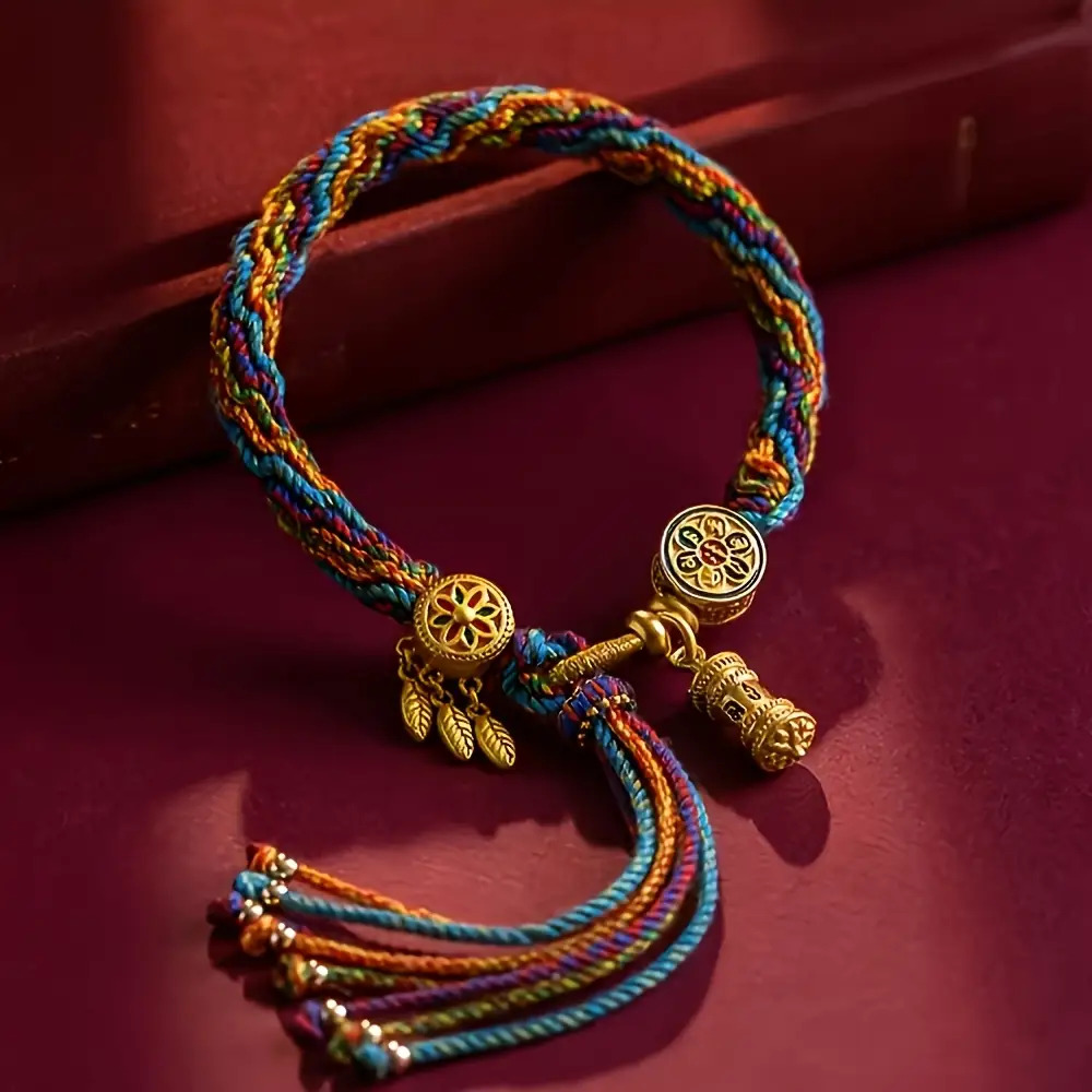 TEMU 1pc Vintage Tibetan Handmade Woven Multicolor Bracelet, With Ethnic Style Charm, Adjustable Daily Wear Accessory, Synthetic Fiber Rope, Wear,