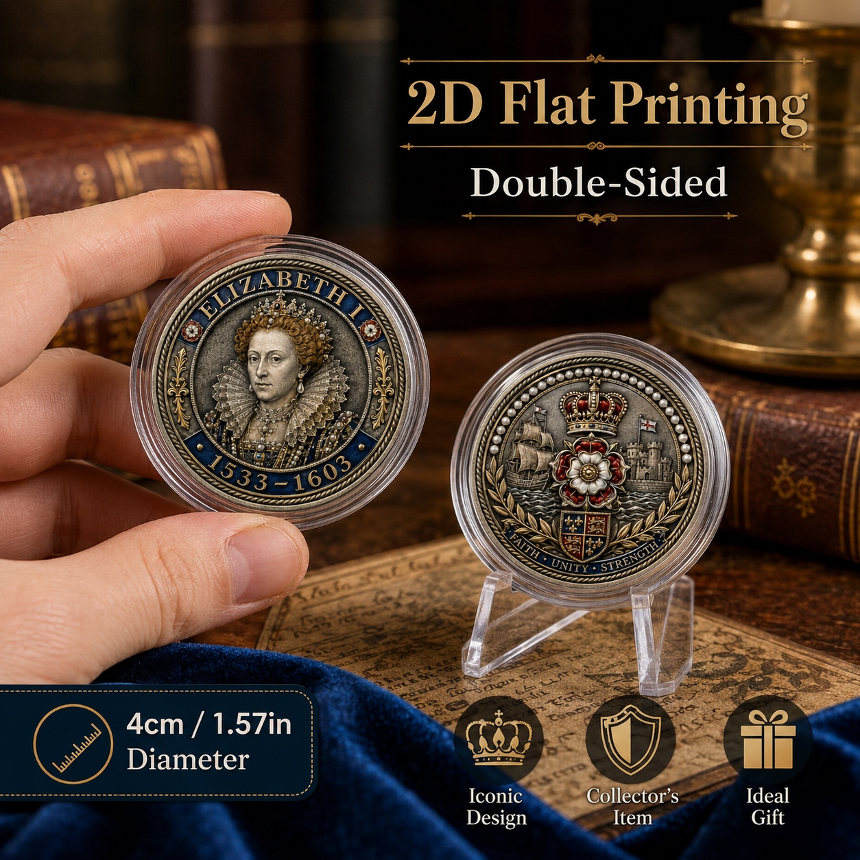 TEMU Replica Coin 1pc, 2d Flat Printing, Double-sided Metal Elizabethan Queen Commemorative Coin, Crown & Rose Historical Challenge Coin & Decorative