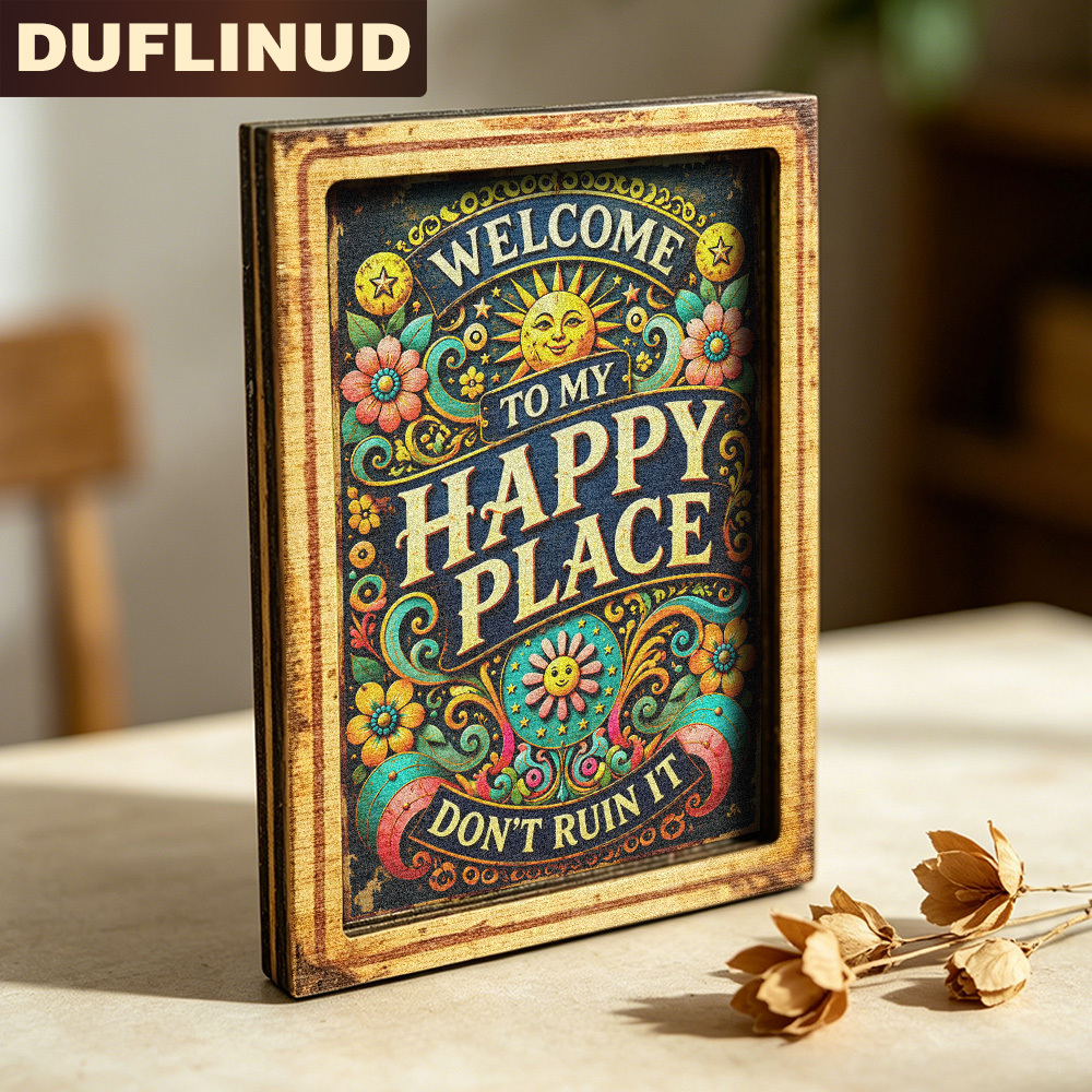 TEMU Vintage-style Welcome Message Fridge Magnet, Mini Decorative Sign Featuring A "" Design With Sun And Flower Patterns, Wooden Fridge Magnet,
