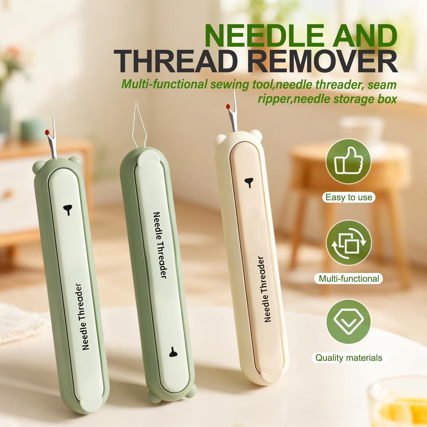 a 2 in 1 threading and seam   tool featuring an automatic needle threader with a storage compartment for sewing needles designed for hand sewing and embroidery Product details 0