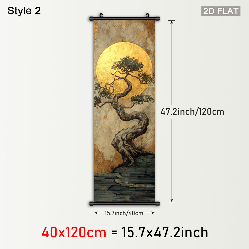 TEMU 2d Flat, 1pc /chinese-style Golden Bokujou/ Branch Scroll Wall Art - Vertical Framed Canvas Painting With Plastic Frame & Hanger, Leaf Moon &