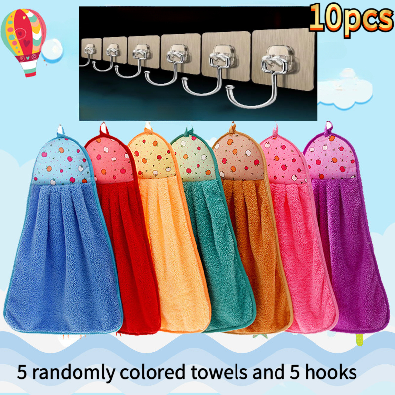 TEMU 10pcs Fleece Towel Set With Hooks - Thickened, Absorbent, Durable & Easy To Clean, Kitchen Essentials|modern Towel Set|durable Towels, Towel Set