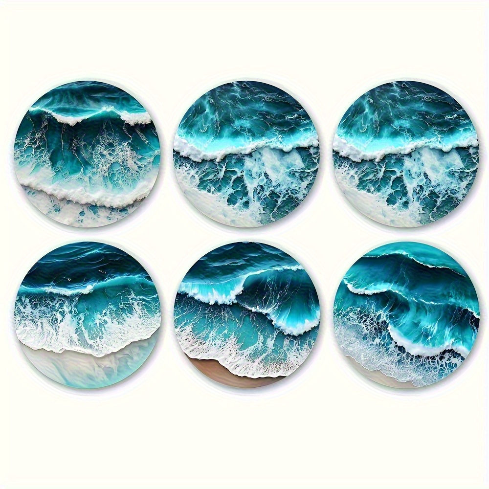 TEMU 6pcs Natural Wood Coasters & Placemats - -themed Suitable For Summer, Christmas, Thanksgiving Table Protectors With Blue Wave Patterns, For Home