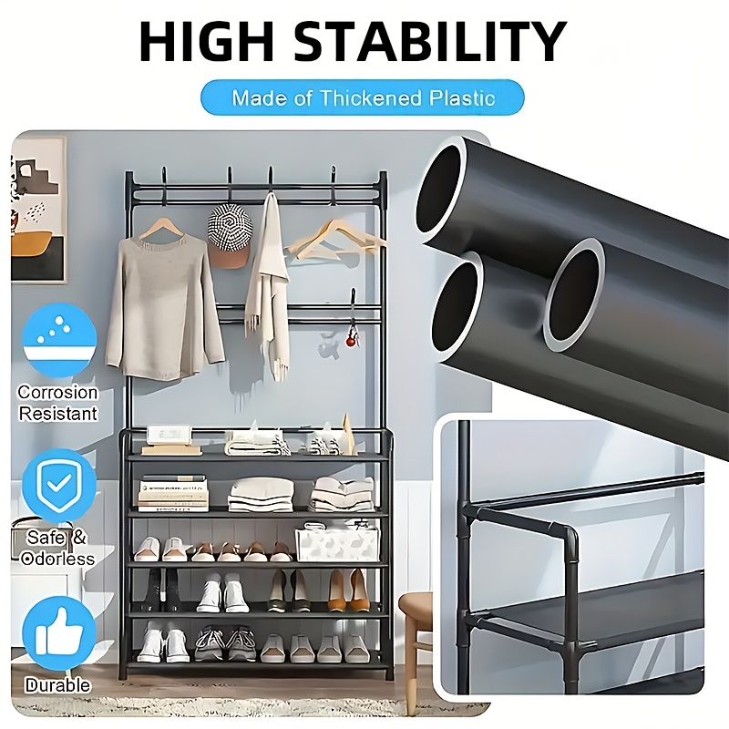 Heavy-Duty 5-Tier Metal Shoe Rack with Hooks | Thickened Double-Layer Storage Design, Stable, Durable And Pressure-Resistant | Multifunctional Storage Rack for Entryway/Corridor/Bedroom/Office, Integrated Storage for Shoes, Hats, Bags And Umbrellas
