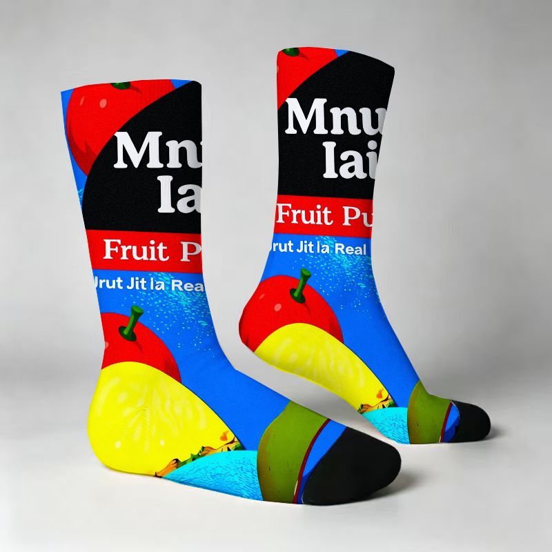 TEMU Unisex Colorful Fruit Pattern Crew Socks Featuring Vibrant Lemon, Pineapple, And Slices On With Red And Black Stripes. Fun, Design With 'fruit'