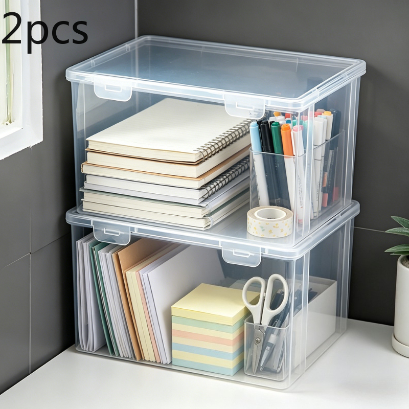 2pcs Clear Storage Box, Stackable Desk Organizer For Stationery Home And Office Supplies