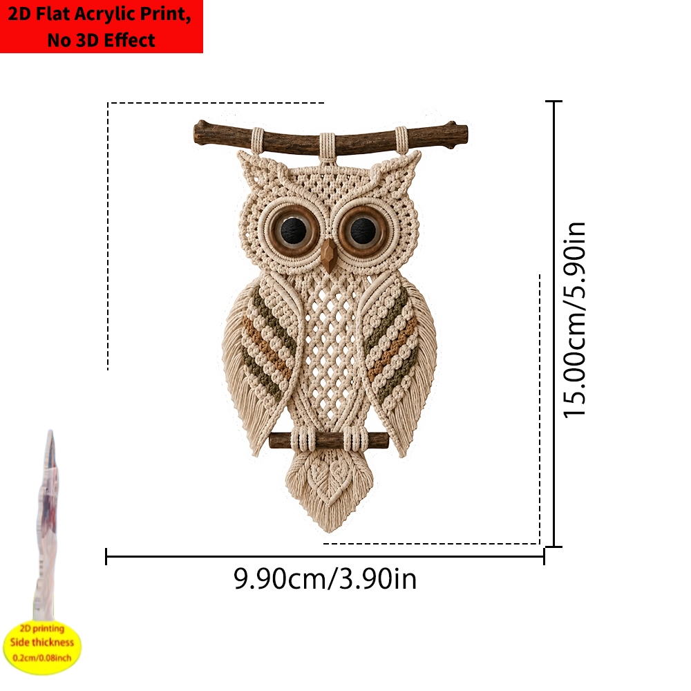 TEMU 2d Flat, 1pc Boho Macrame Owl Wall Hanging Decor - Crochet Branch Ornament With Small Owl & , Acrylic Suitable For Window Door Tree Decoration,