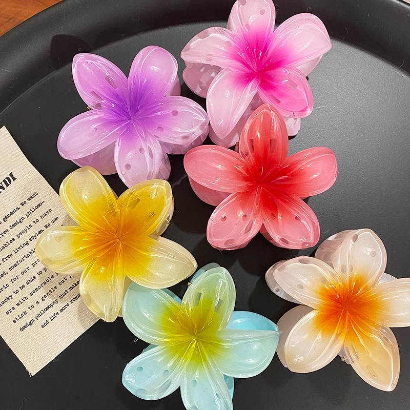 12pcs gradient candy color flower hair clips 8cm large non slip shark clip for thick hair     durable plastic hairpins for women and s summer beach party accessories hibiscus headwear Product details 1