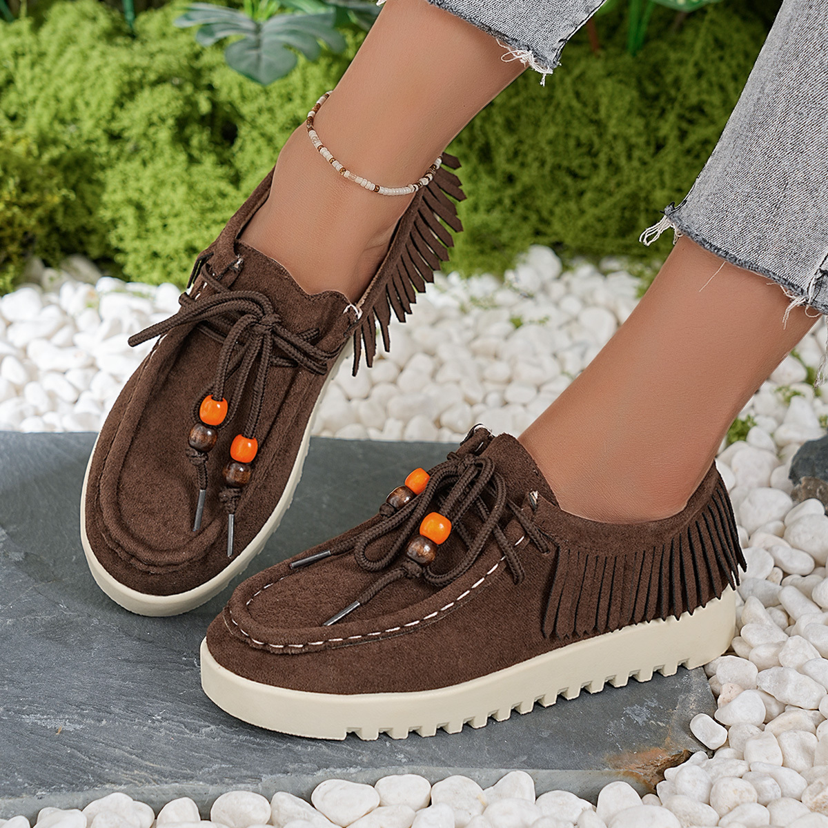 TEMU Beaded Tassel Spring/autumn New Flat Women's Casual Lace- Sole Commuter Fashion Versatile Vintage Flat Shoes, Women Shoes