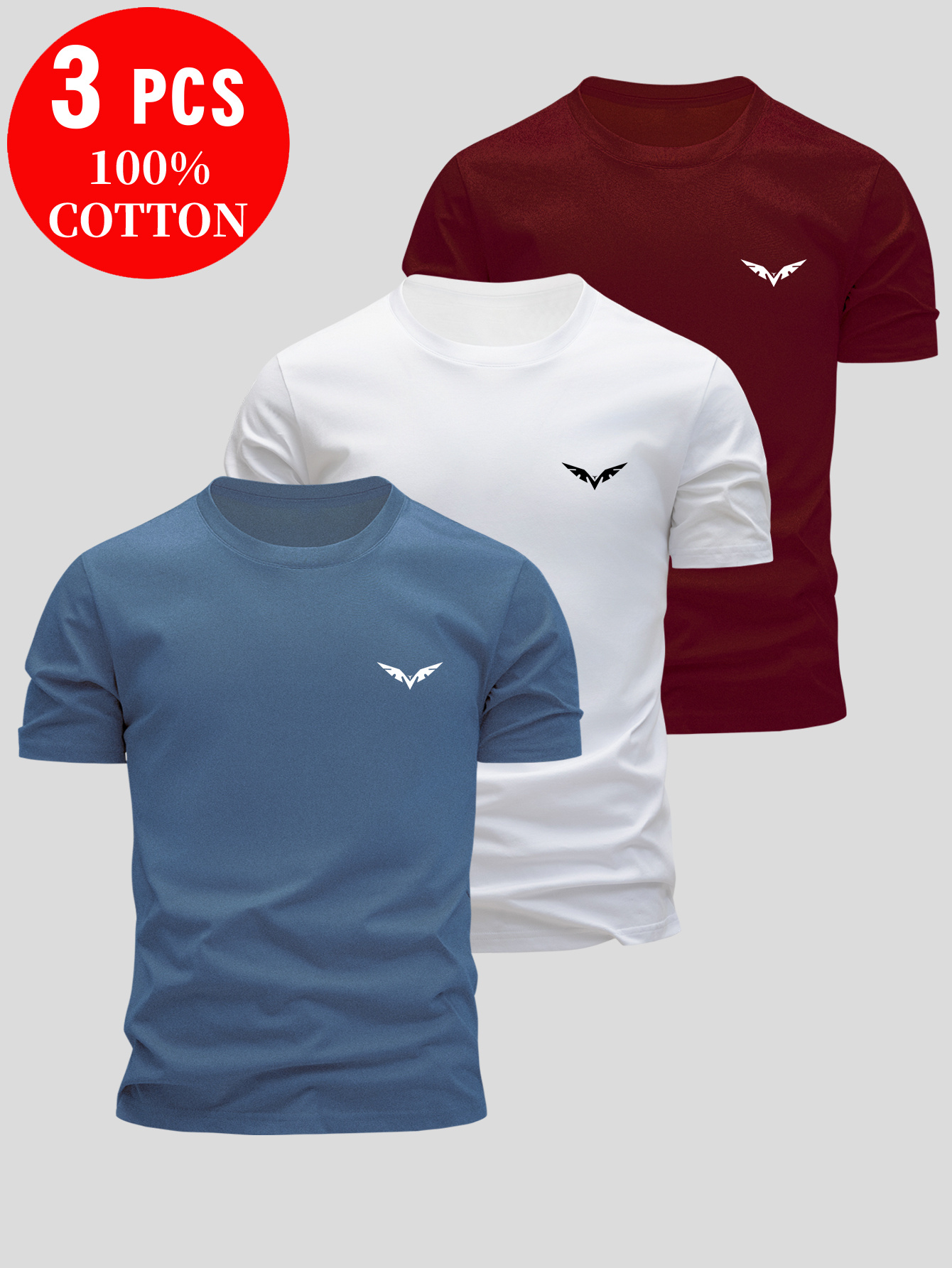 3pcs mens 100 cotton   fit t shirts breathable round neck short sleeve   with     gray white black casual summer tees for casual attire breathable clothing modern    