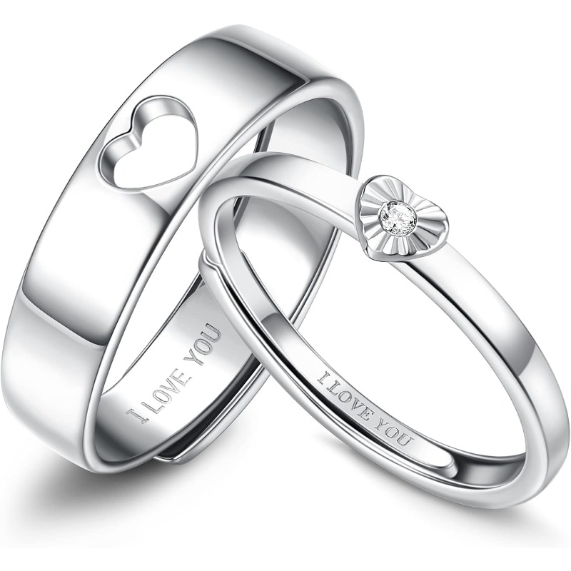 Image of 2pcs 925 Sterling Silver Engagement Adjustable Rings For Women Men Heart Couples Wedding Band Rings Sets Promise Rings Matching Rings For Couple, Dainty Rings Set For Men Women Simple