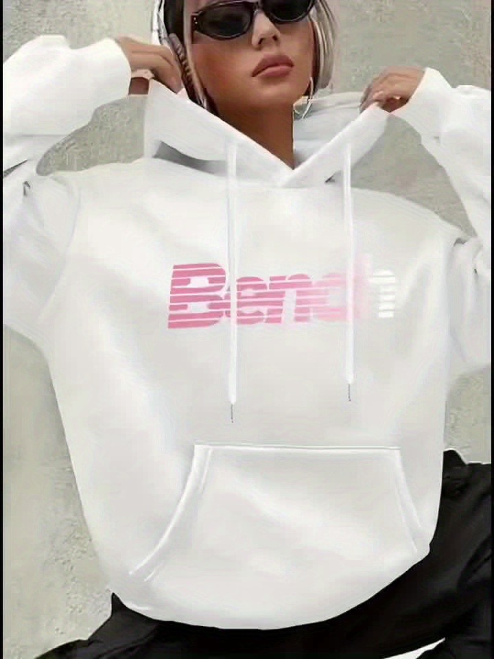 Dames Oversized BENCH Logo Hoodie - Roze Gradiënt Lettering & Witte Hoodie met Voorzak, Roze BENCH Logo Print, Knusse Wintertrui voor Casual Streetwear (Wasbaar in de Machine, All-Season)