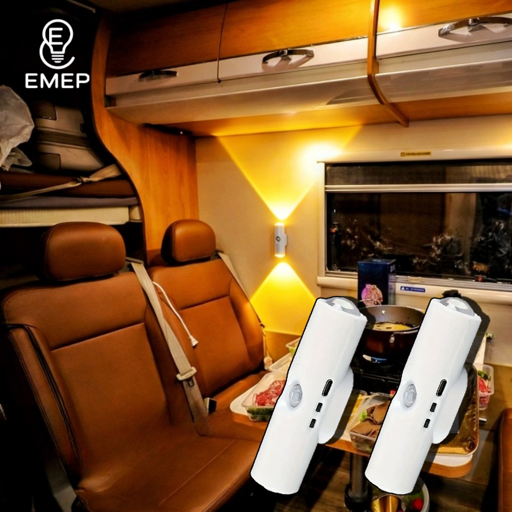 E-shop 2er/4er Set LED-Bewegungsmelder-Leuchte mit Doppelkopf wiederaufladbarem USB-Akku, einstellbare Helligkeit & 3-Farben-RGB, geeignet für