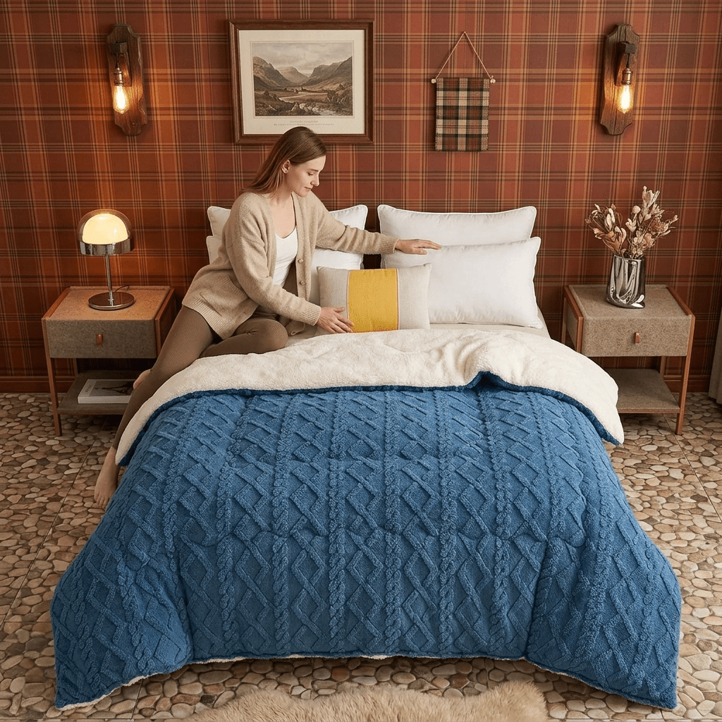 Image of Light Beige Fluffy Comforter, Soft Polyester Fabric Premium Thick Blanket For Autumn Winter Bedroom