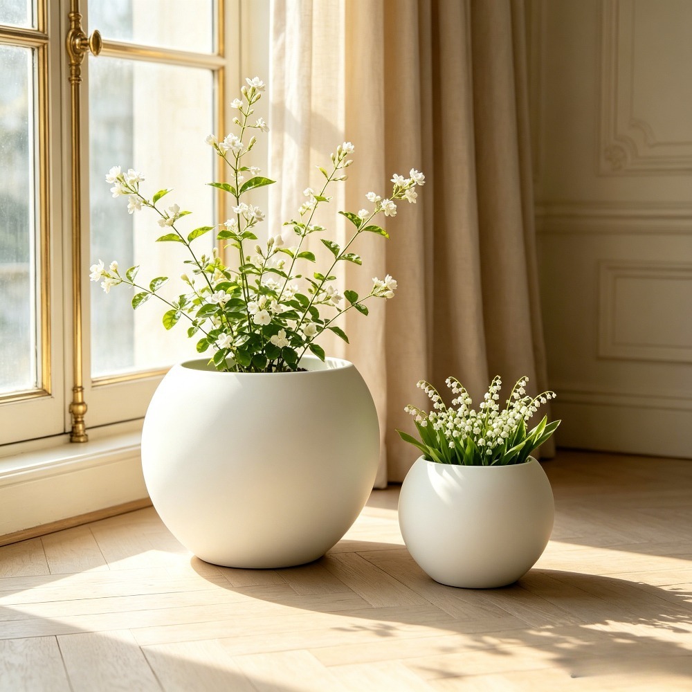 2pcs Set of Light Luxury Matte White Spherical Floor Planters, American Vintage Style for High-End Clubhouse and Villa Interior Soft Decor, Suitable for Indoor and Outdoor Use, Large Potted Plants for Living Rooms/Entryways/Offices