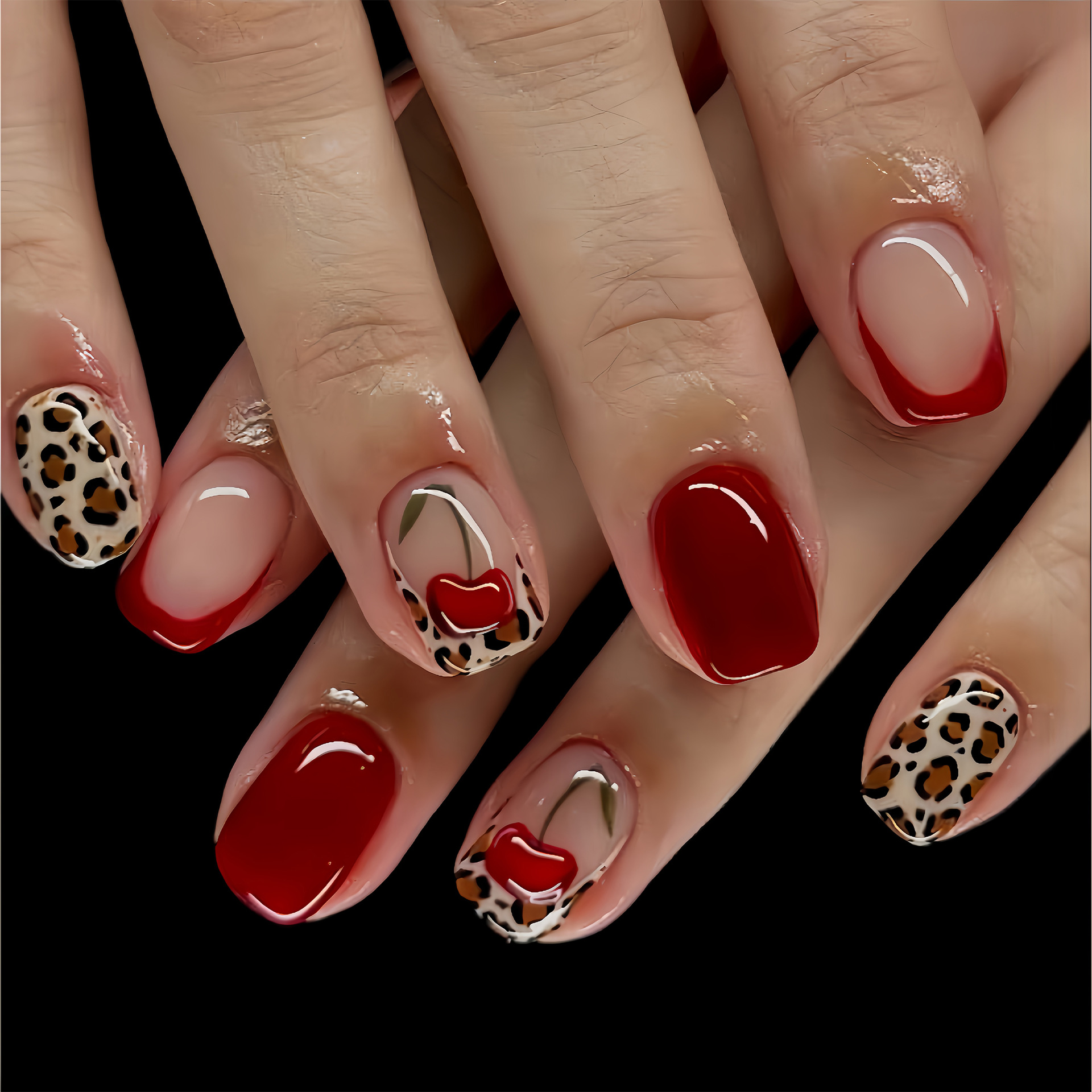 48pcs European And American French Short Square Nail Art | Cherry Leopard Print And Sweet Spicy Style, Glossy - Cute And Fashionable For Women
