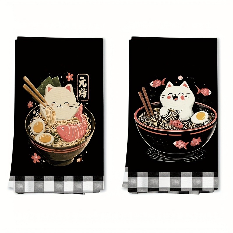 TEMU 2pcs Dish Cloths, Cute Cat Kitchen Towels, Quick-dry Absorbent Dishcloths With Noodle Bowl , Black Background Suitable For Home, Rv, Pet Lovers,