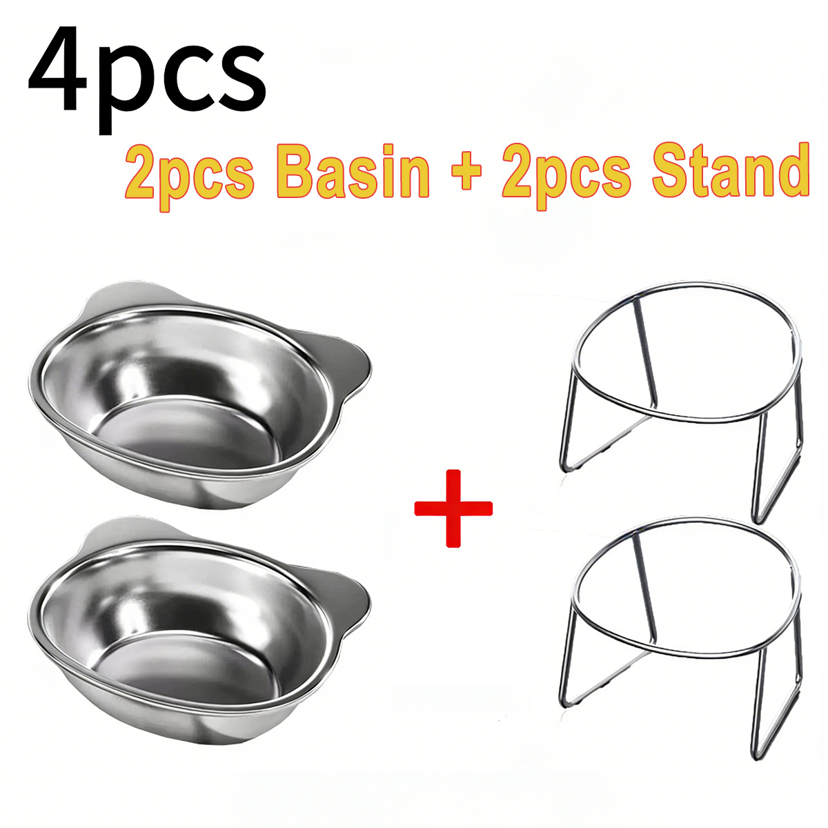 TEMU 4pcs(2 Bowls+ 2 Stands) 304 Stainless Steel Cat Feeding Bowls, Tilted Elevated Neck-protecting Bowls For Cats And Dogs, Easy To Clean, For Pet