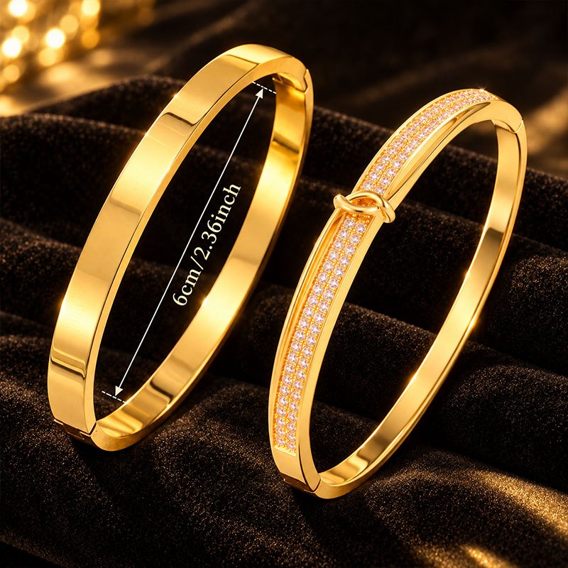 2pc Women's Bracelet Set, Smooth Stainless Steel & Copper Accents