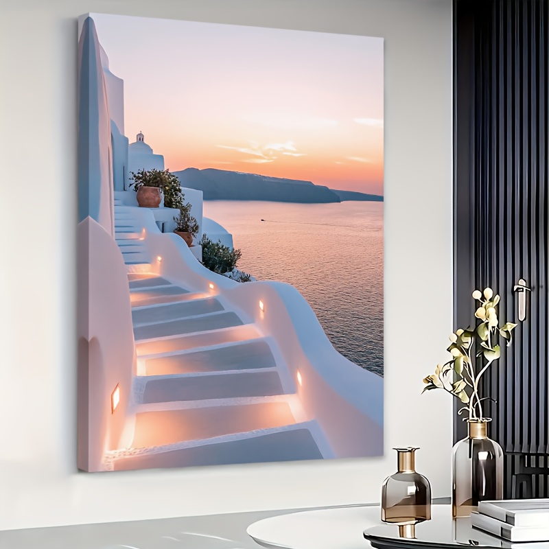 TEMU 2d Flat, Santorini Sunset Canvas Art Printing -40.64x 60.96cm And 60.96x 91.44cm Frame Wall Decoration, Greek Island Scenery, White Steps And