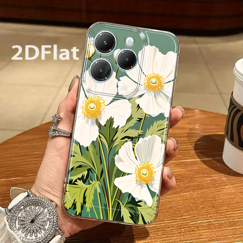 화이트 꽃과 노란 꽃술, 초록 잎 2d 평면 패턴 휴대폰 케이스,    i/50 pro+/  pro+/ i/note 30 pro/  pro+/50 pro/  note   pro용, 스타일리시하고 귀여운 투명 낙하 방지 tpu 휴대폰 케이스