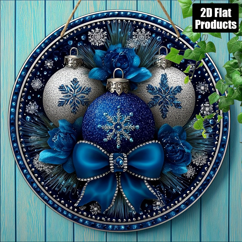 TEMU 2d Flat, 2d Plane, 2d Plane Printing, 1pc Of Perfect Circular Pattern, Blue And Silvery Christmas Plate_1 Themed Round Wooden Hanging Sign,