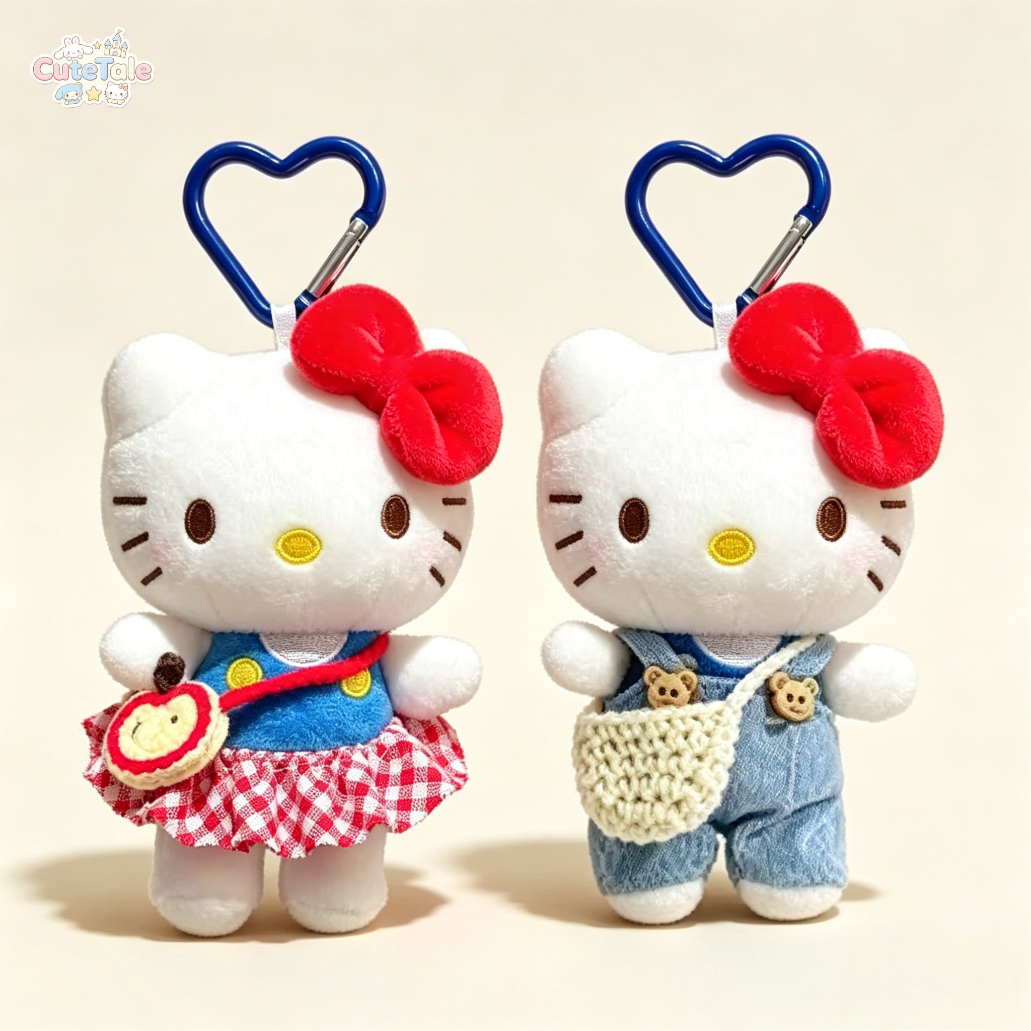 TEMU 2pcs Hello Kitty Plush Ornaments, ( Gingham Skirt And Denim Overalls Style), With Heart-shaped Carabiner, With Mini Bag And Bear Bag Additions,