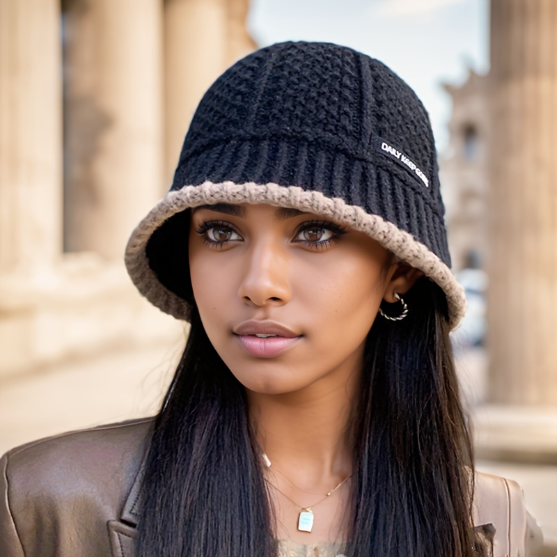 Cozy Wool Bucket Hat With Beige Trim - Lightweight Cold-resistant Winter Hat, Black & White Striped Design, Adjustable Closure