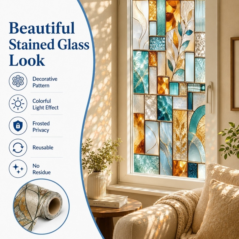 Image of 2d Flat, 2d Flat Beautiful Stained Glass Look Decorative Pattern Colorful Light Effect Frosted Privacy Reusable No Residue Window Sticker For Living Room Kitchen, 2d Flat