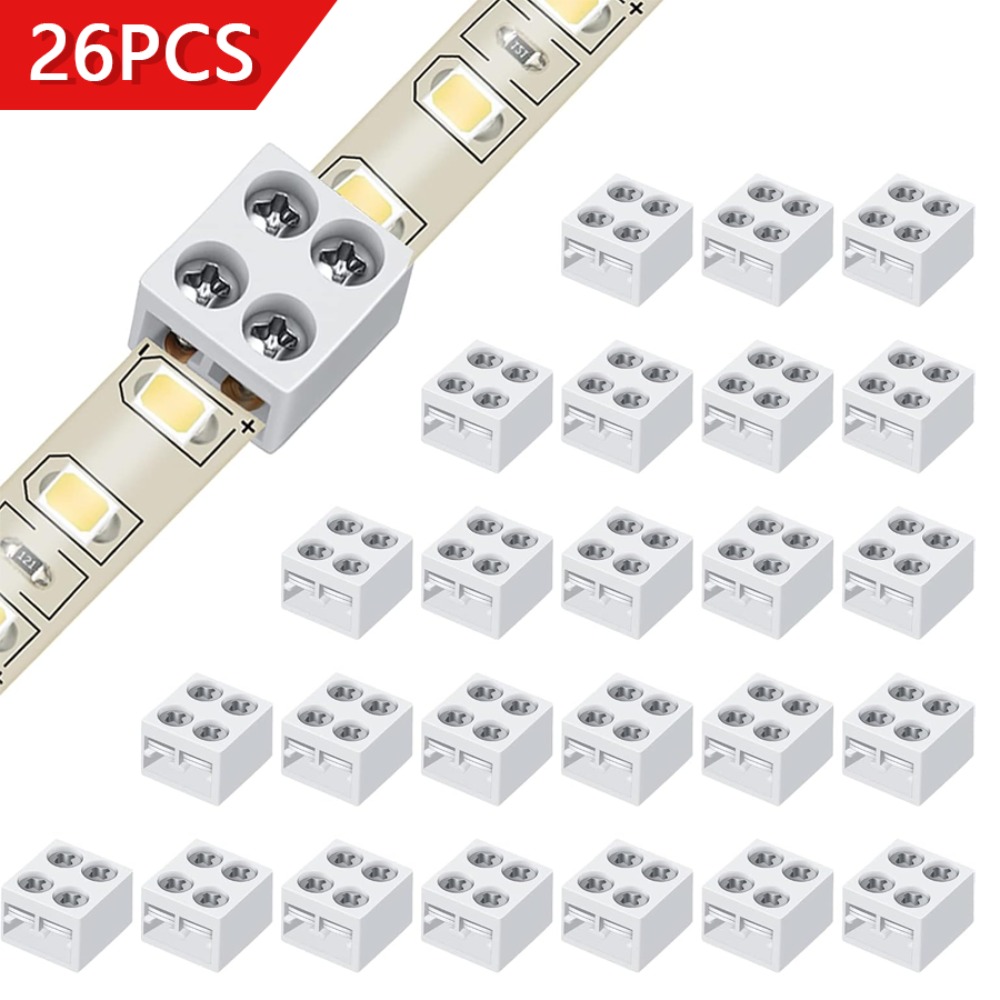 TEMU 26pcs 2-pin 8mm Solderless Led Tape Connectors, Screw Terminal Block For 5v 12v 24v Monochrome & Cob Led Strips, For Car, Cabinet & Diy Lighting