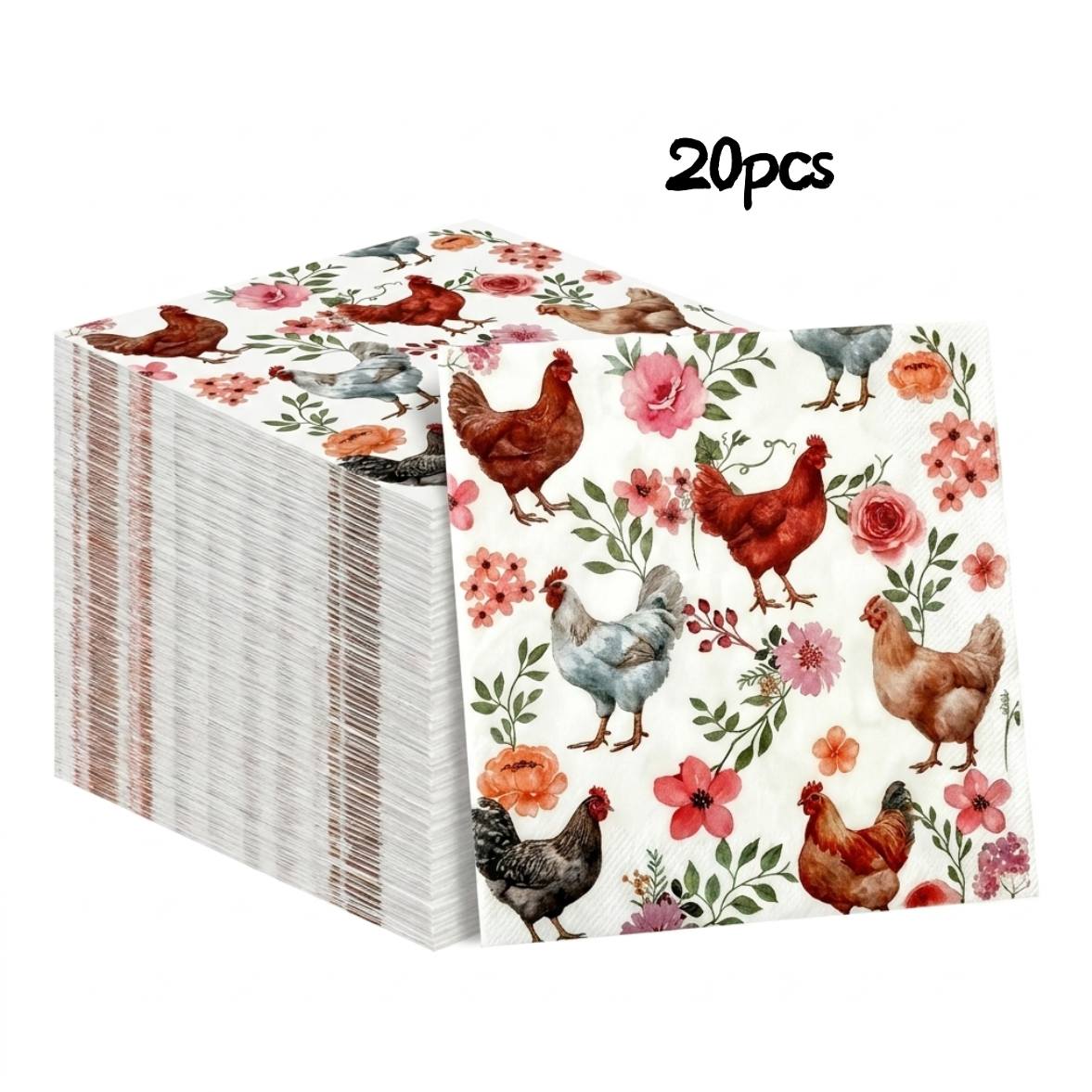 TEMU 20pcs Watercolor Rooster & Floral Napkins Suitable For Parties, Birthdays, Weddings - Vintage Decor With Rooster, Rustic Country Disposable Hand