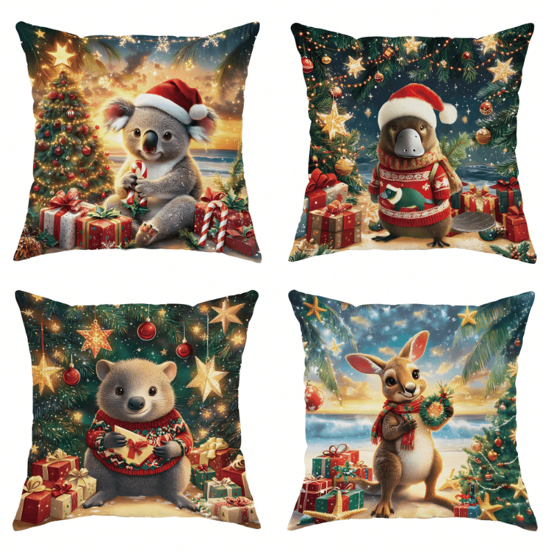 TEMU 4 Decorative Cushion Covers Printed On Featuring Christmas Tree Patterns, Animals, , And Stars In Velvet. Plush And Comfortable Red And Green