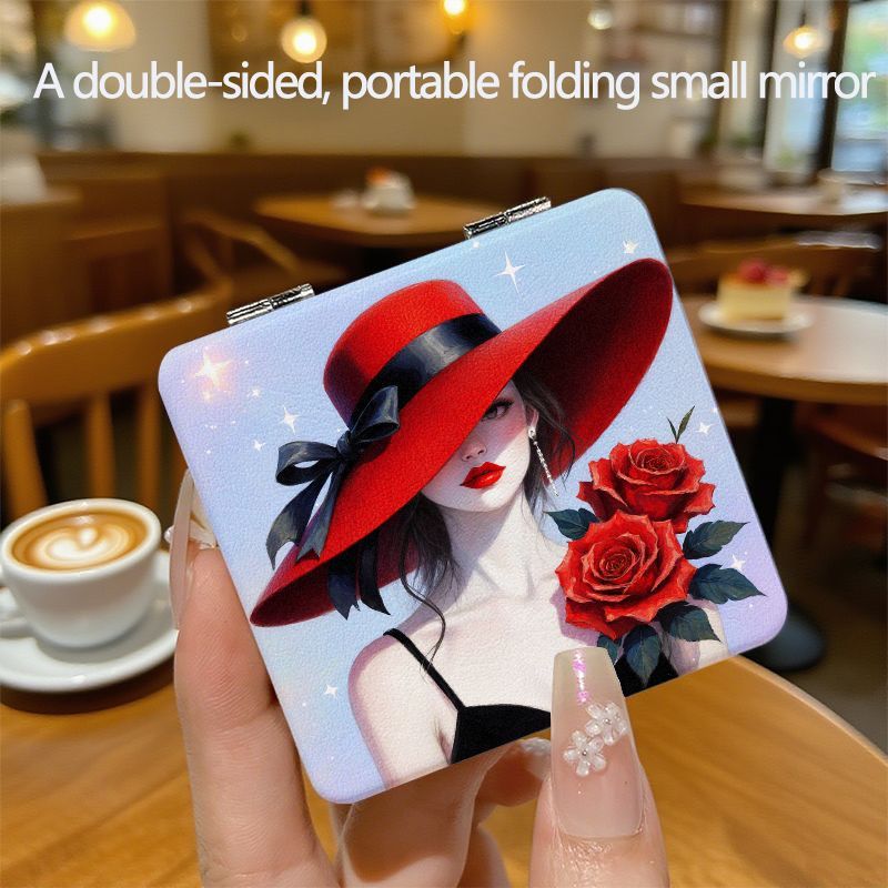 TEMU Rose Retro Women's Thick Coating Easy Portable Small Mirror Round Western Style Makeup Mirror Handheld Mini Mirror Student Use Cute Cartoon Girl