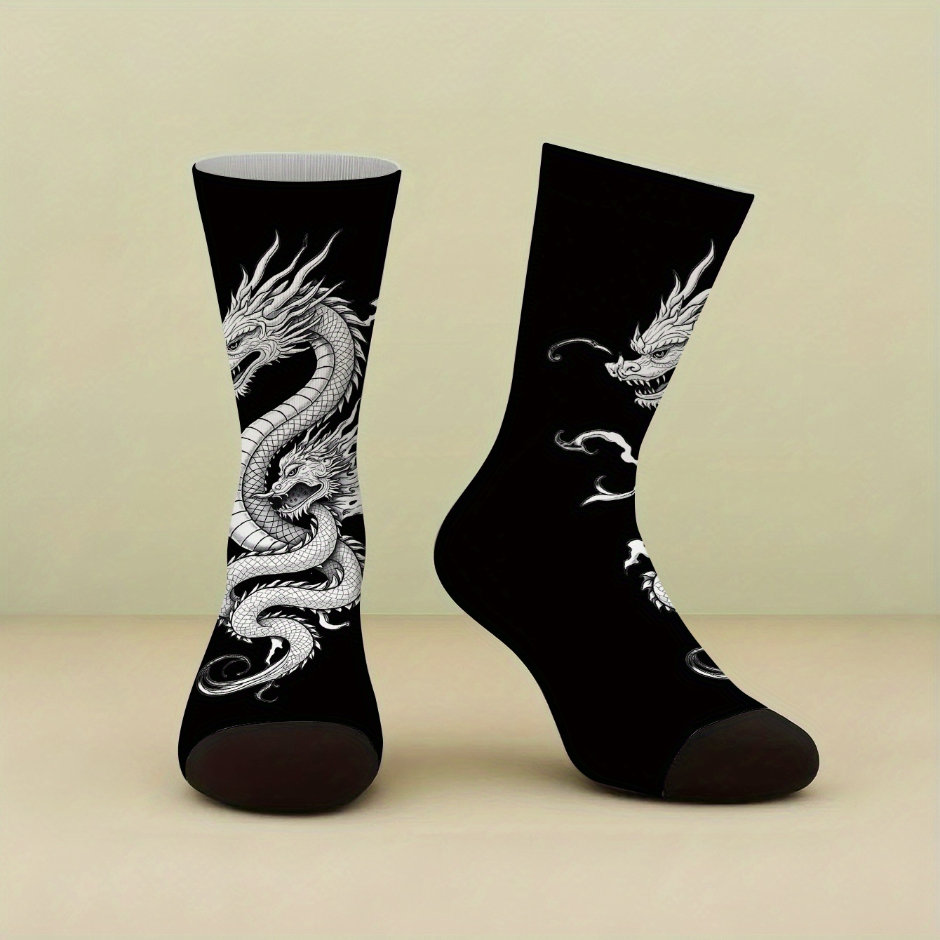 TEMU A Pair Of Print Mid-calf Socks Featuring A Black And White Dragon Design, High-quality Women's Socks, Stylish And Comfortable Men's Socks For